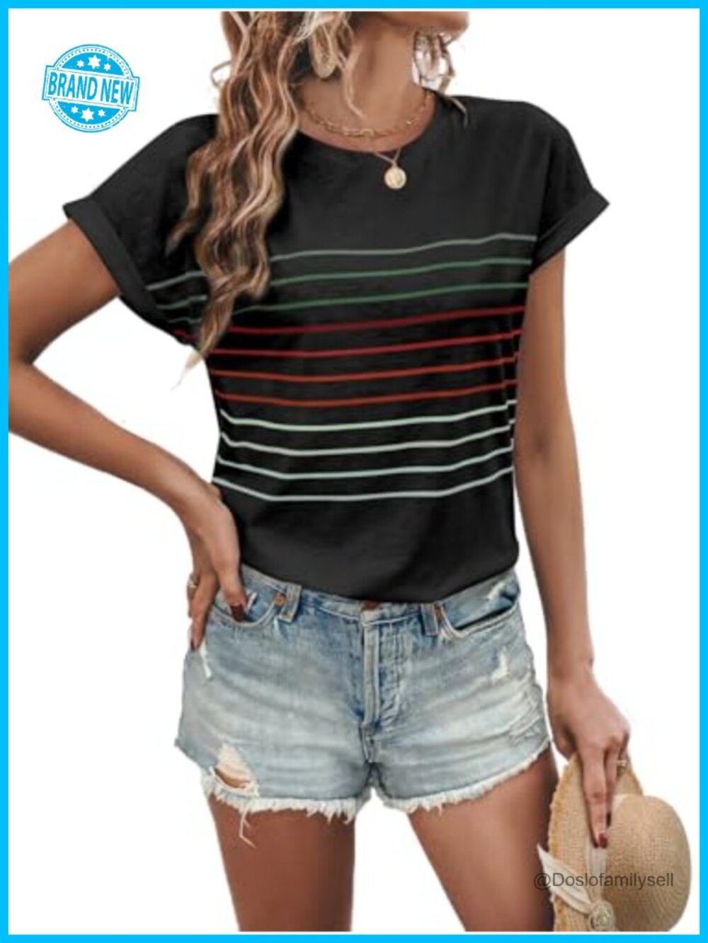 Womens Summer Striped Short Dolman Sleeve Crew Neck T-Shirt Casual Tee